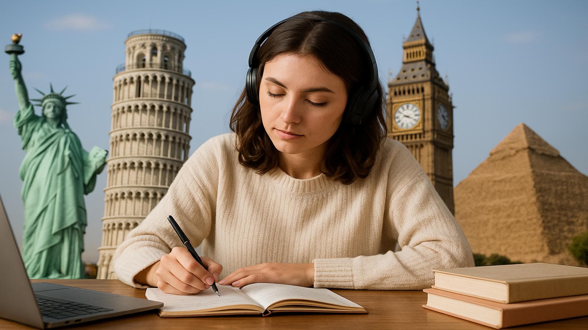 Student studying with headphones at home