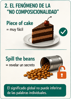 Ilustración sobre el fenómeno de la no composicionalidad: el significado del idiom no se deduce sumando las palabras literales.