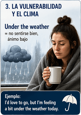 Ilustración sobre la vulnerabilidad, el clima y expresiones como sentirse under the weather en inglés.