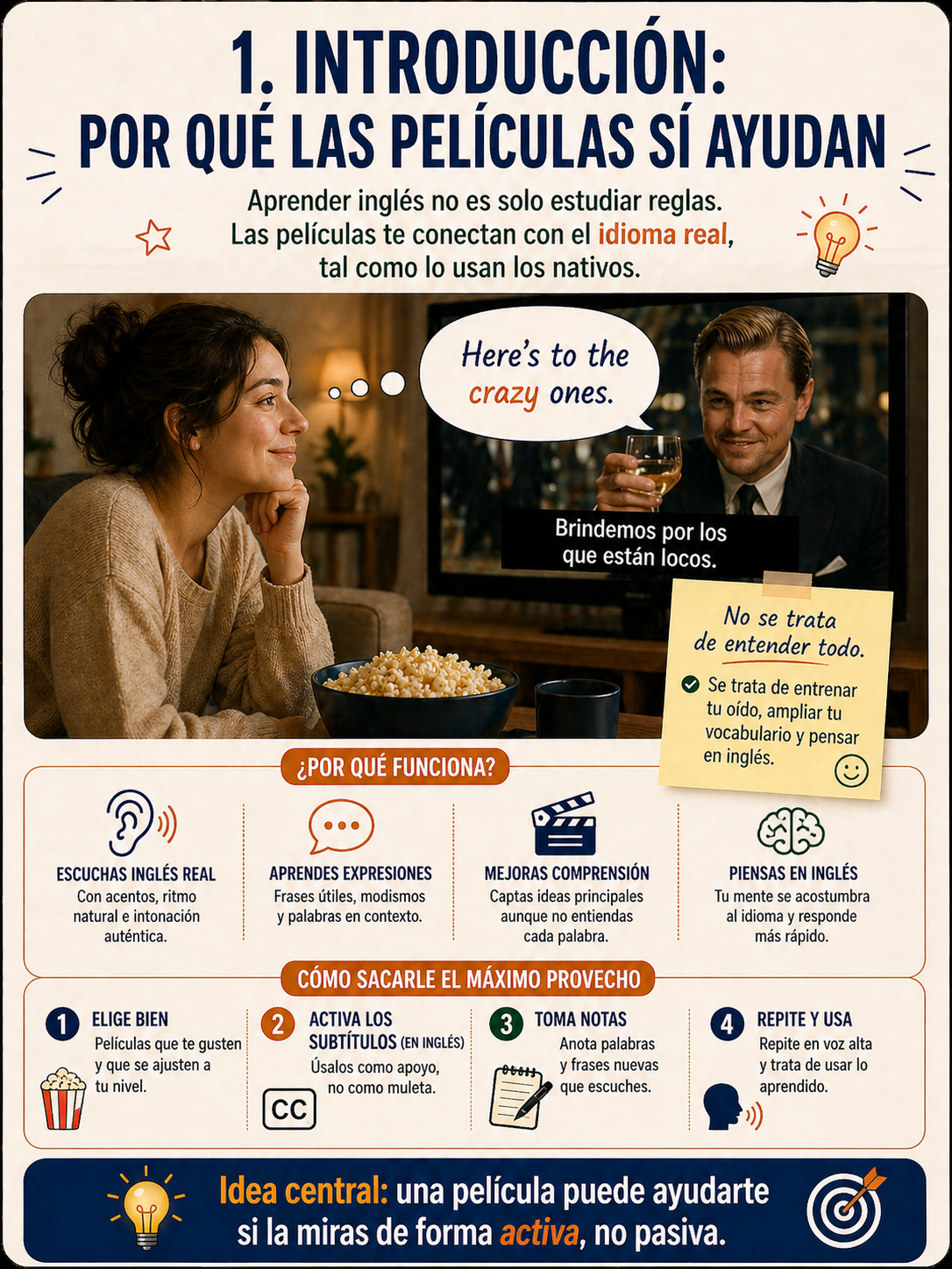 Infografía sobre por qué las películas ayudan a aprender inglés.