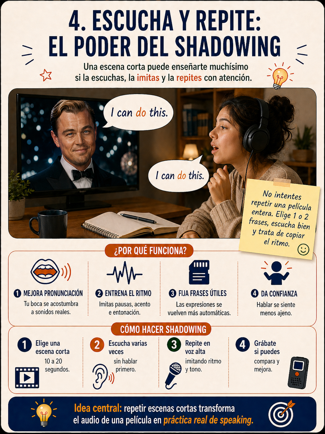 Infografía sobre el poder del shadowing con escenas de películas.