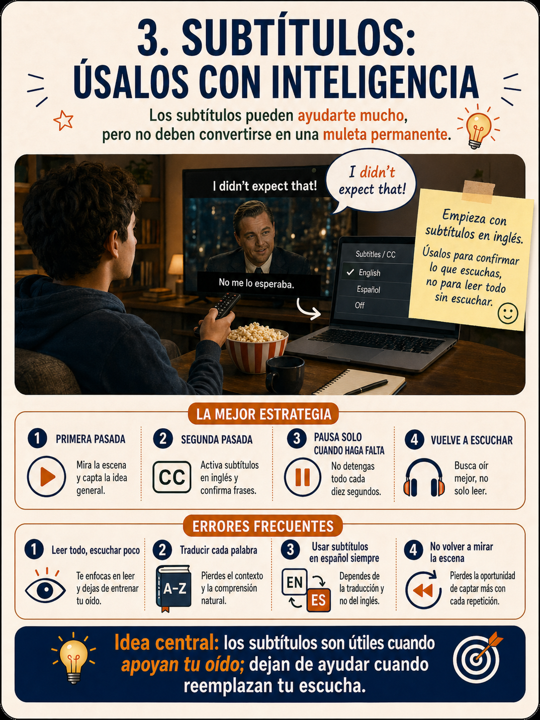 Infografía con una rutina simple para aprender inglés con películas.