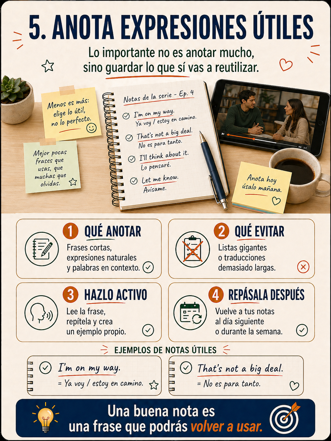 Infografía sobre anotar expresiones útiles.