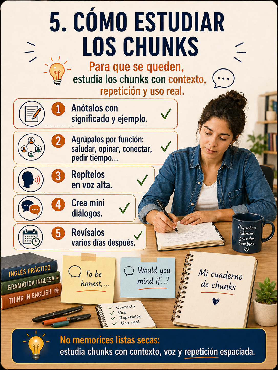 Infografía sobre cómo estudiar chunks en inglés.