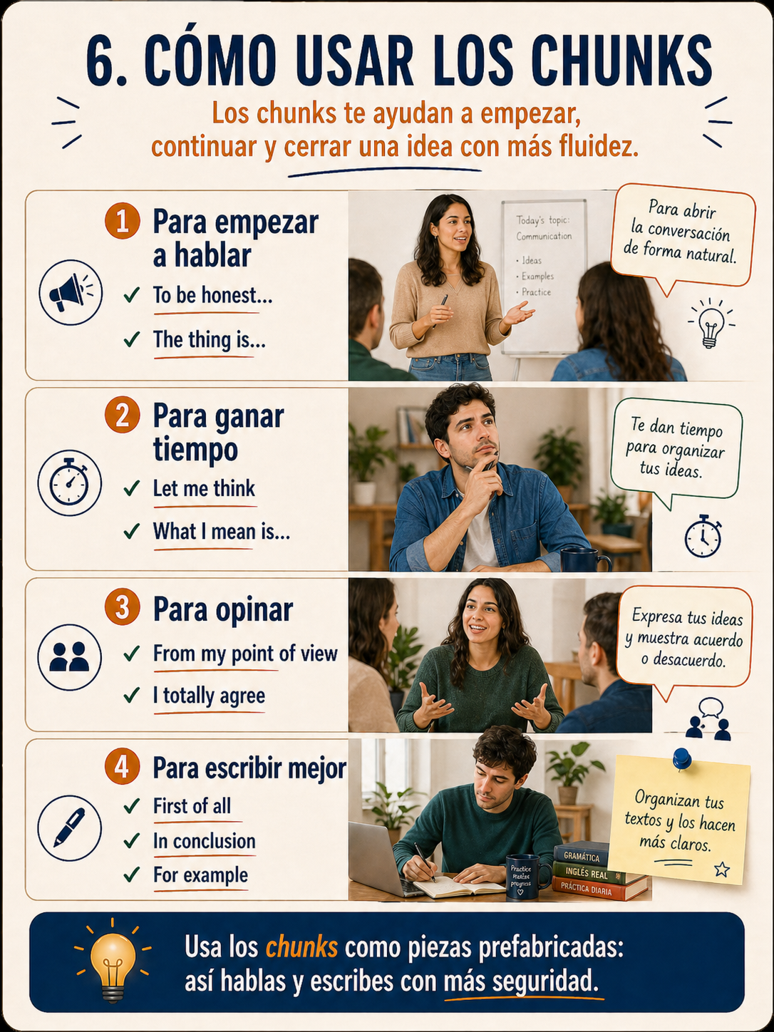 Infografía sobre cómo usar chunks al hablar en inglés.
