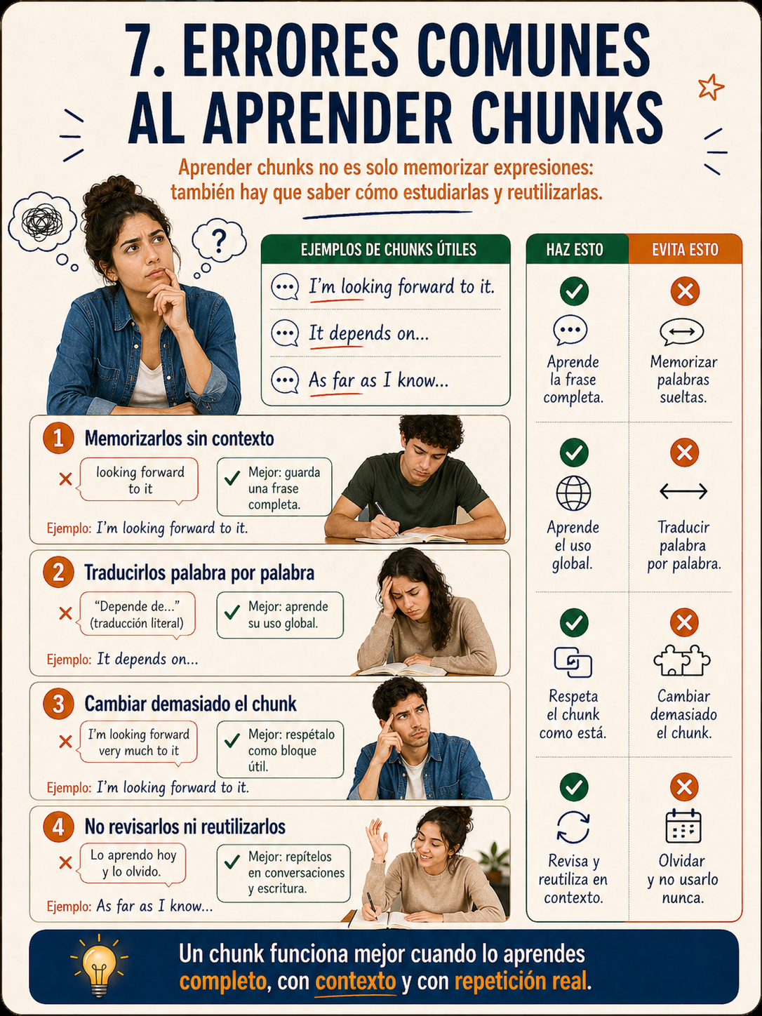 Infografía sobre errores frecuentes al estudiar chunks en inglés.