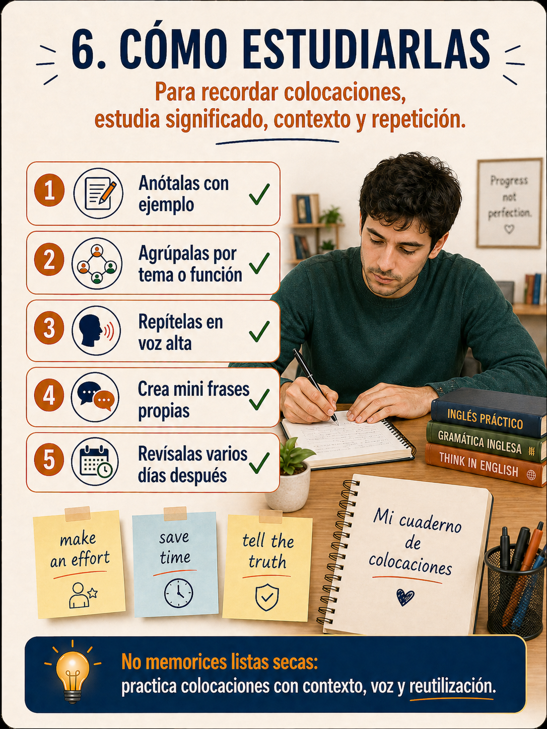 Infografía sobre cómo estudiar colocaciones.