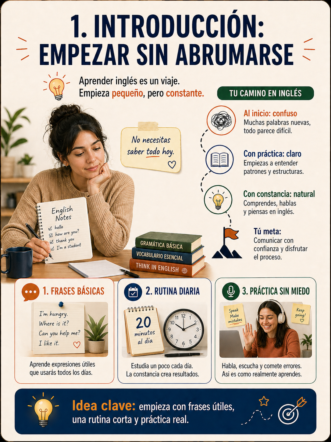 Infografía sobre escuchar y repetir como método para aprender inglés.