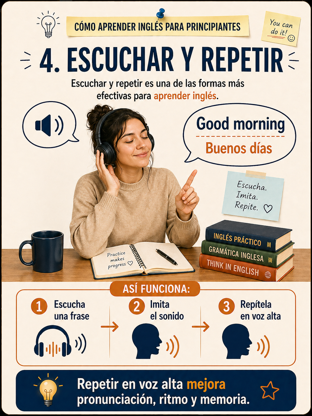 Infografía con un plan simple de 30 días para aprender inglés.