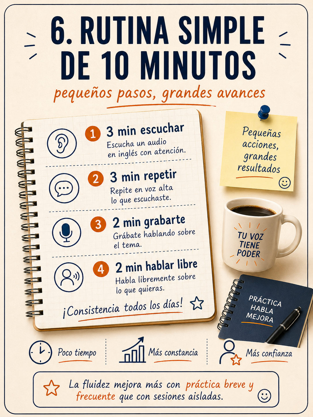 Infografía sobre una rutina simple de 10 minutos para mejorar la fluidez.