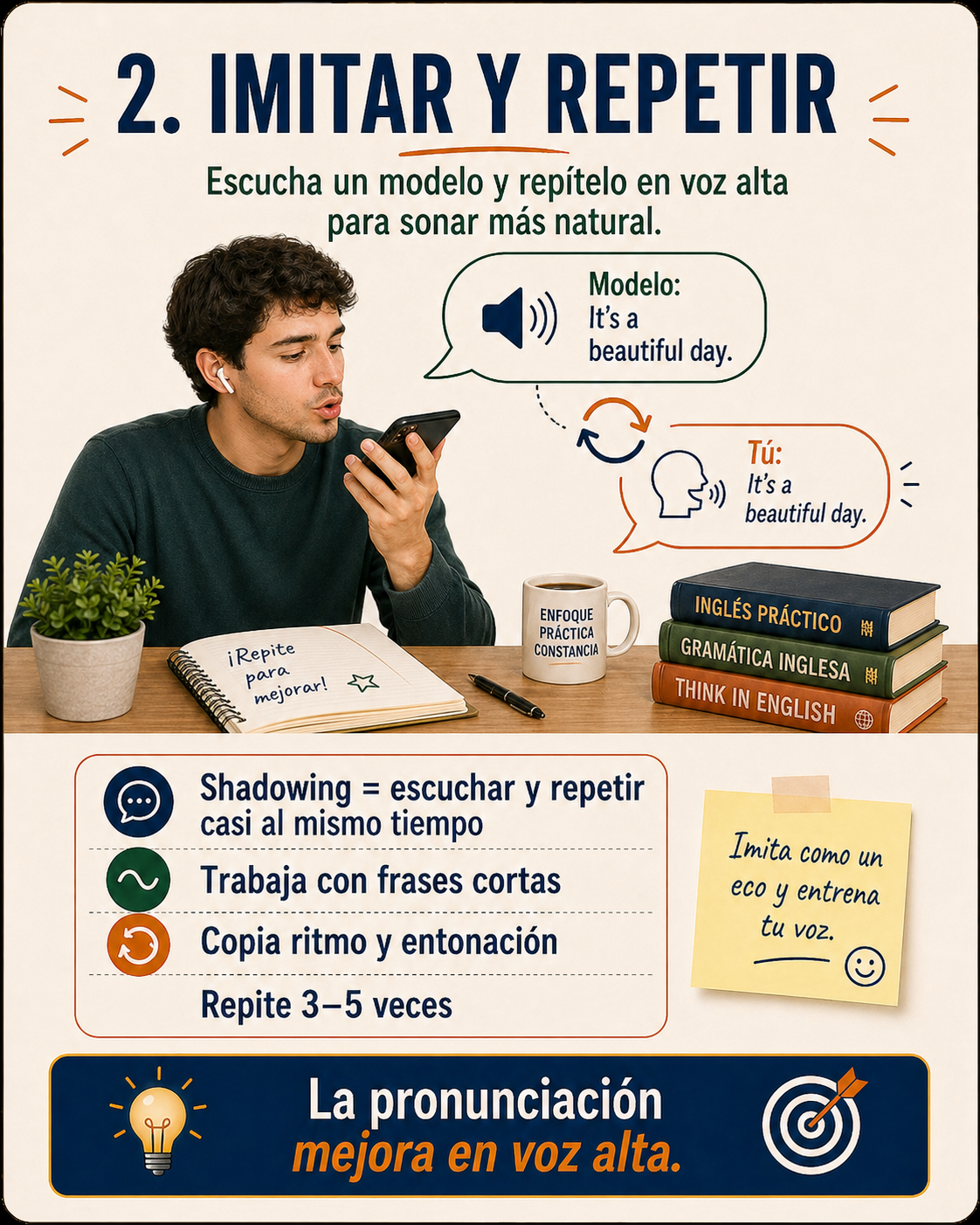 Infografía sobre imitar y repetir para mejorar la pronunciación.