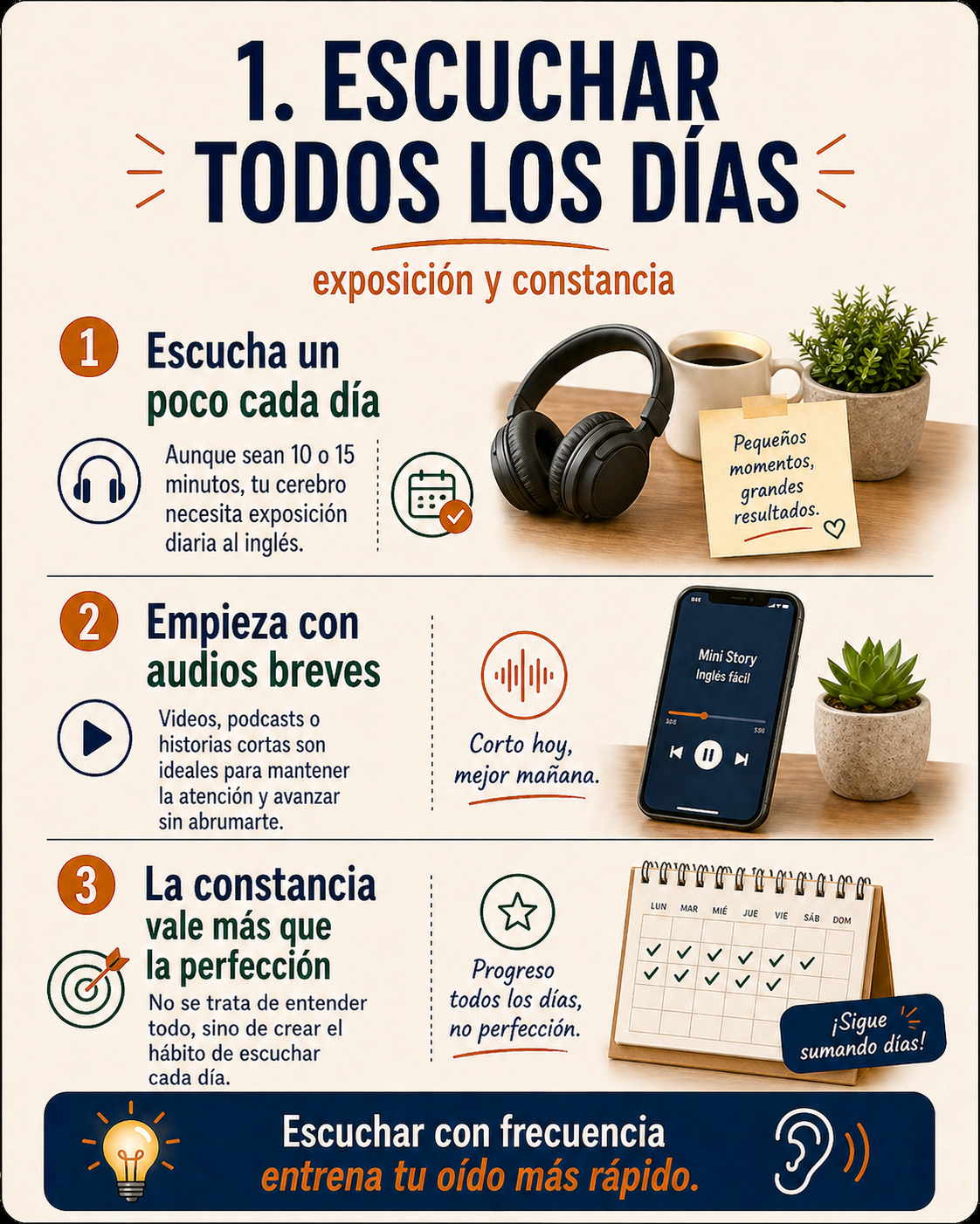 Infografía sobre elegir audios de acuerdo al nivel del estudiante.