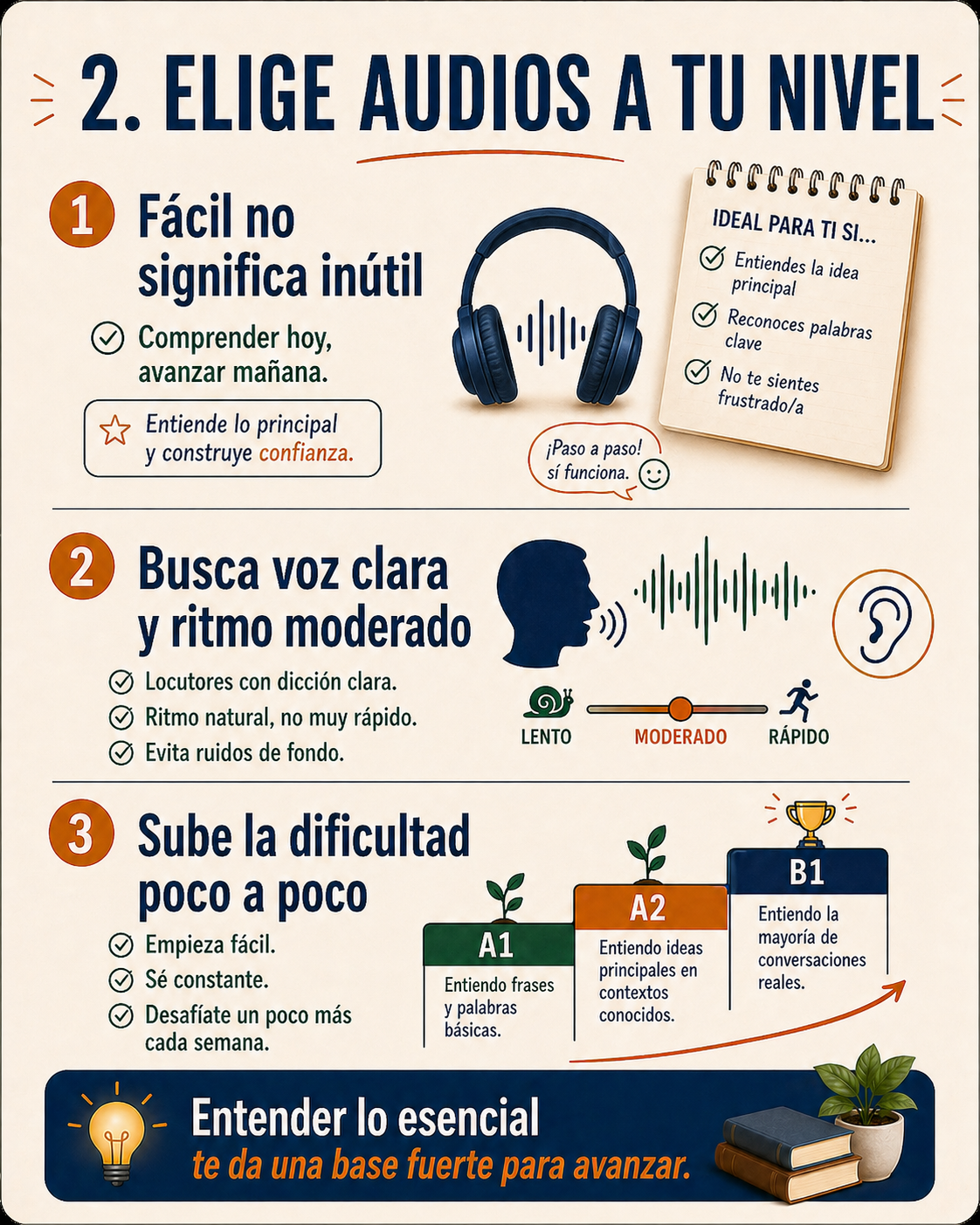 Infografía sobre pausar, repetir y tomar notas durante la escucha.