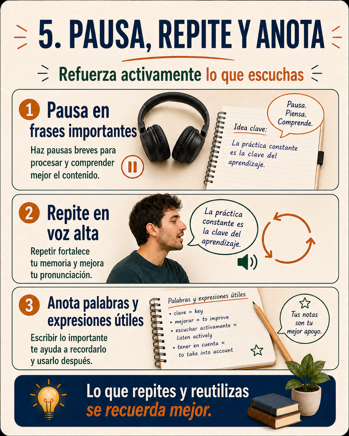 Infografía sobre una rutina simple de 10 minutos para mejorar el listening.