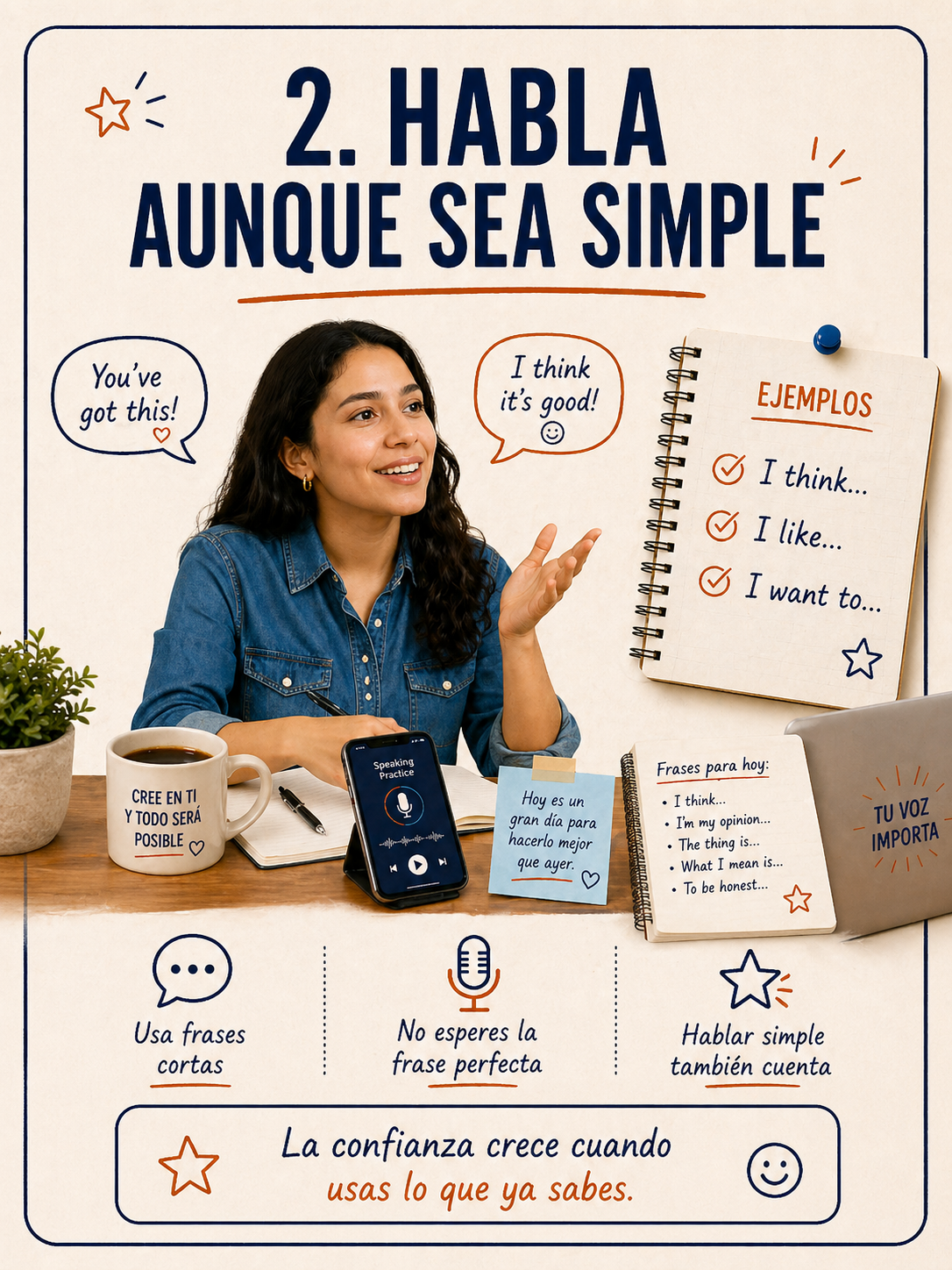 Infografía sobre hablar aunque sea simple para ganar confianza.