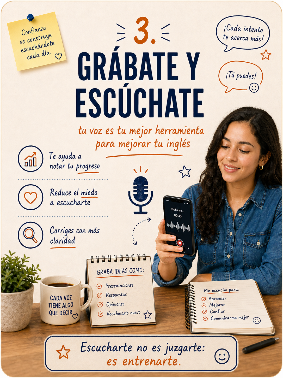 Infografía sobre grabarte y escucharte para mejorar el speaking confidence.
