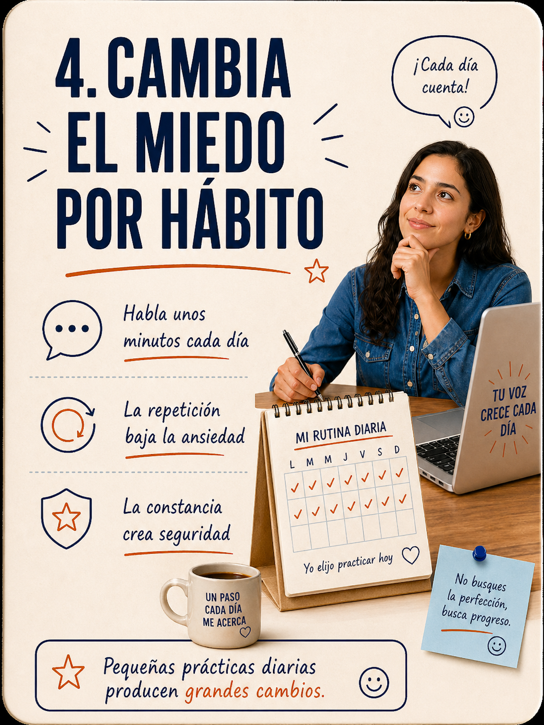 Infografía sobre cambiar el miedo por hábito al hablar inglés.