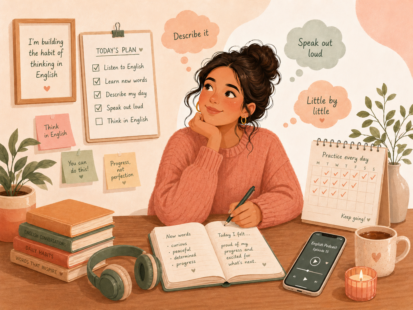 Ilustración de una estudiante construyendo hábitos para pensar en inglés con lista de tareas y calendario.