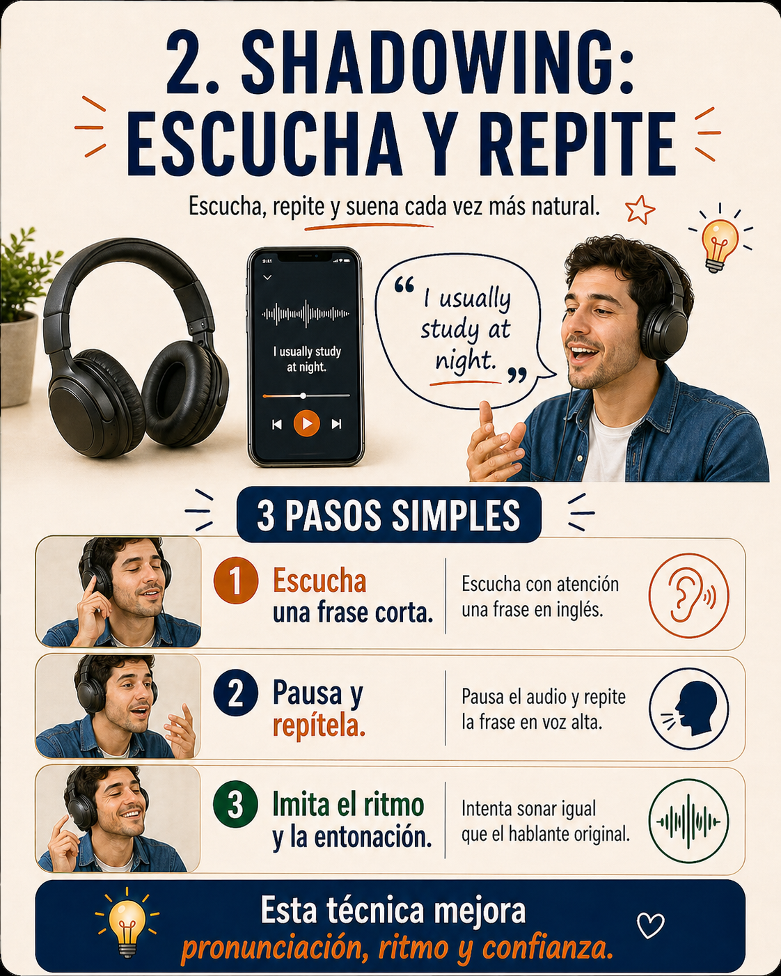 Infografía sobre la técnica de shadowing para practicar speaking.