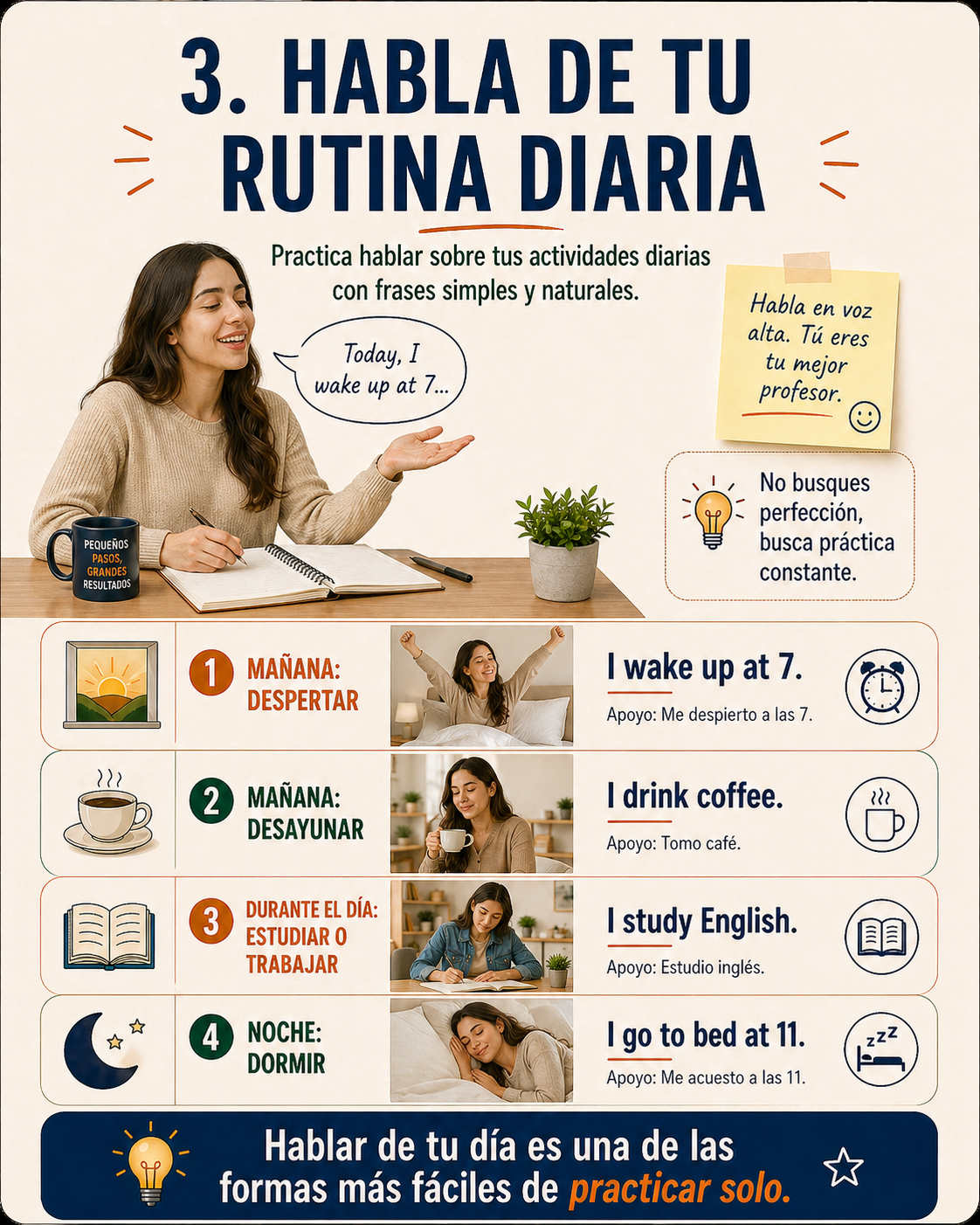 Infografía sobre cómo hablar de tu rutina diaria en inglés.