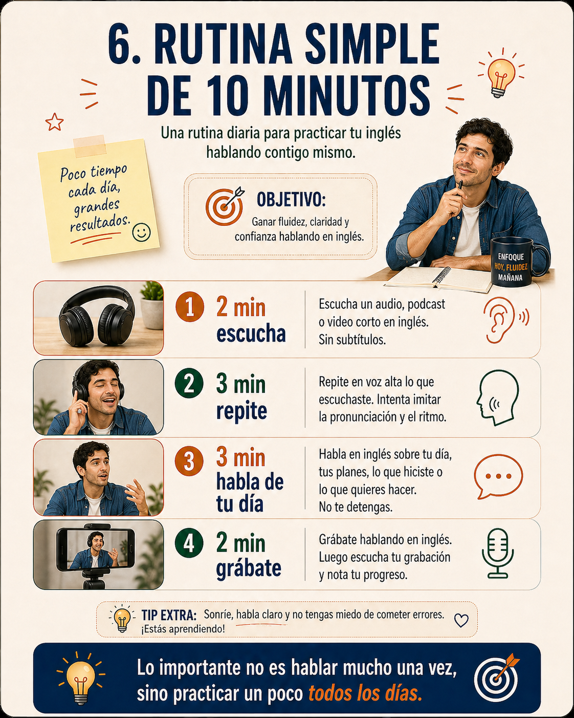 Infografía sobre una rutina simple de 10 minutos para practicar speaking.