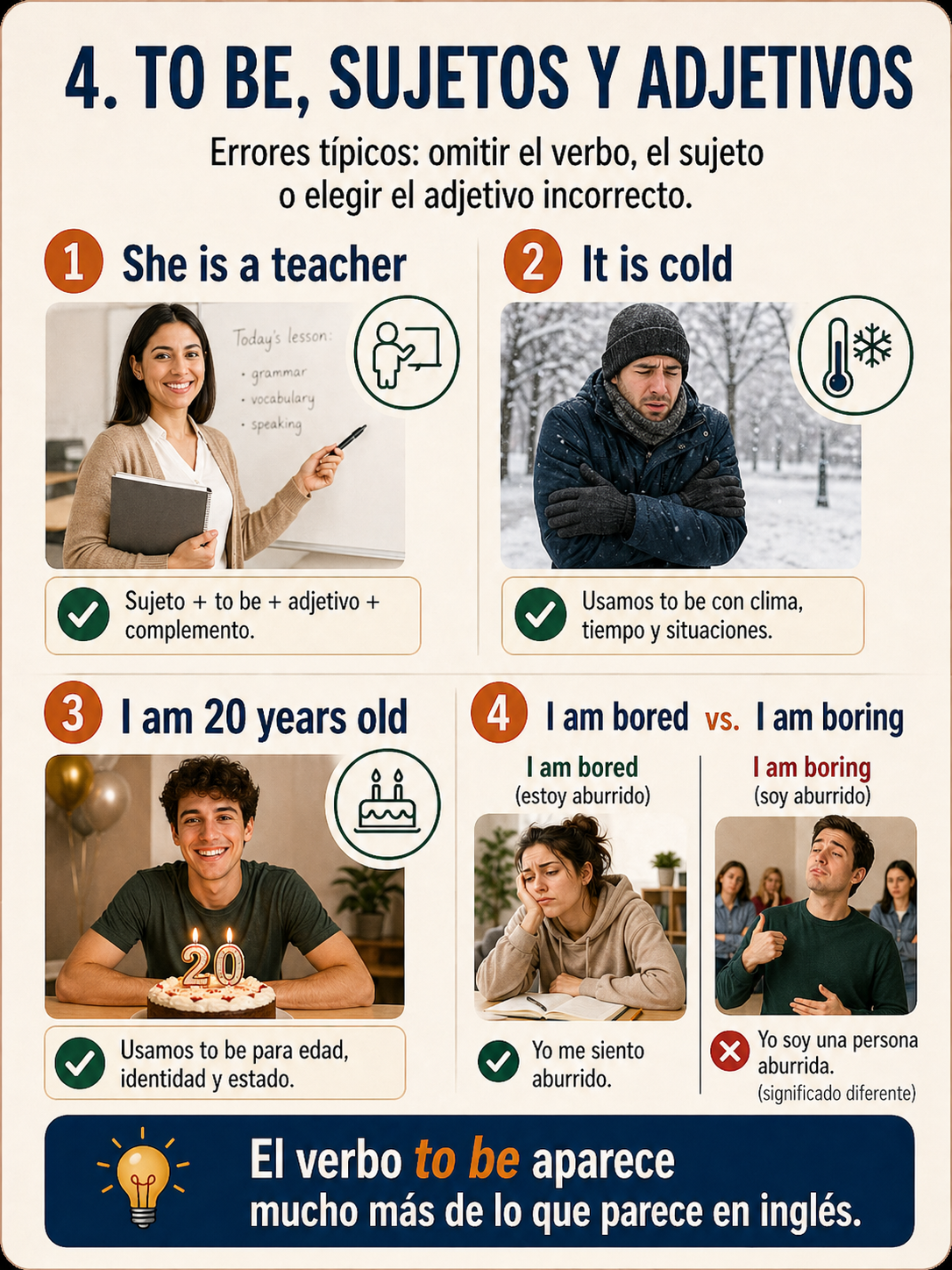 Infografía sobre to be, sujetos y adjetivos.