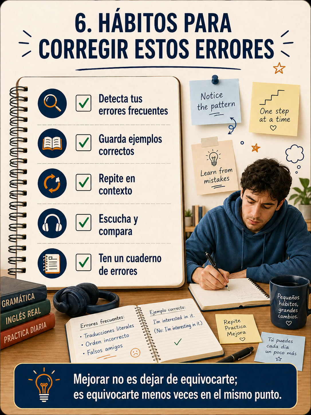 Infografía sobre hábitos para corregir errores frecuentes en inglés.