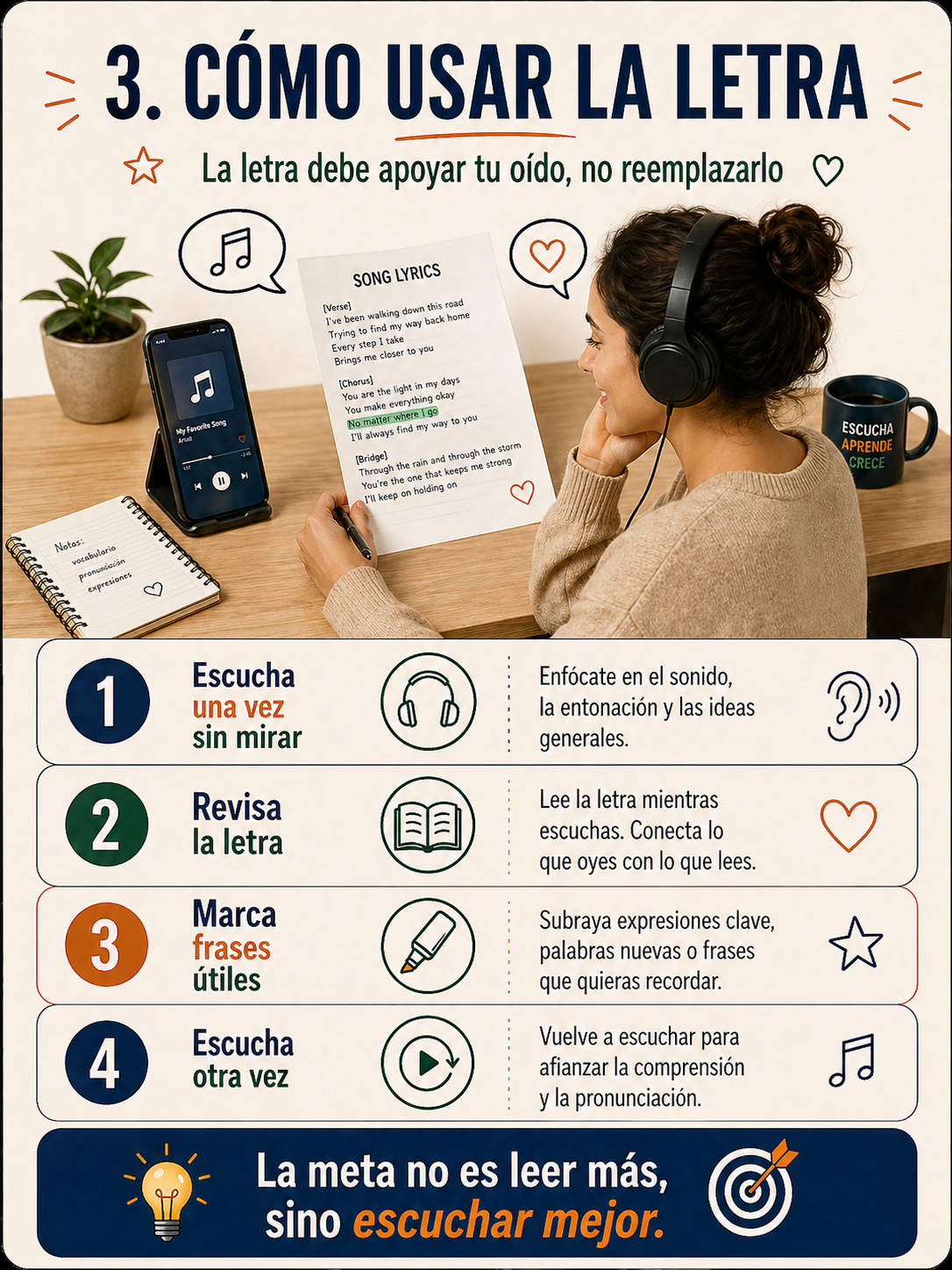 Infografía sobre cómo usar la letra de una canción para estudiar.