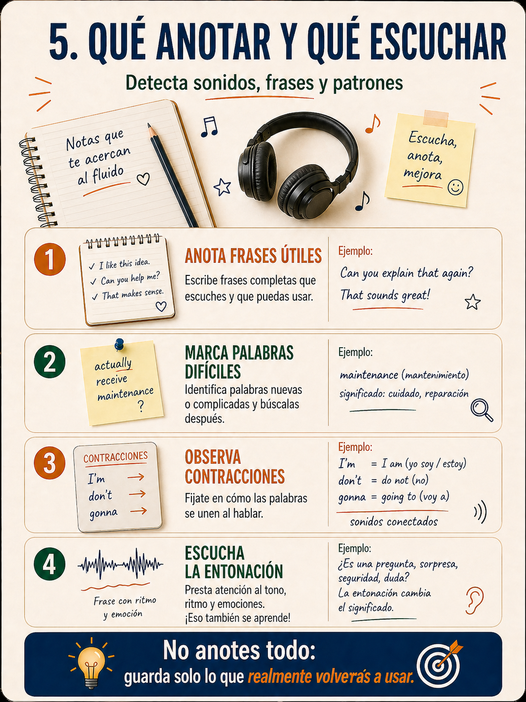 Infografía sobre qué anotar y qué escuchar al estudiar con canciones.
