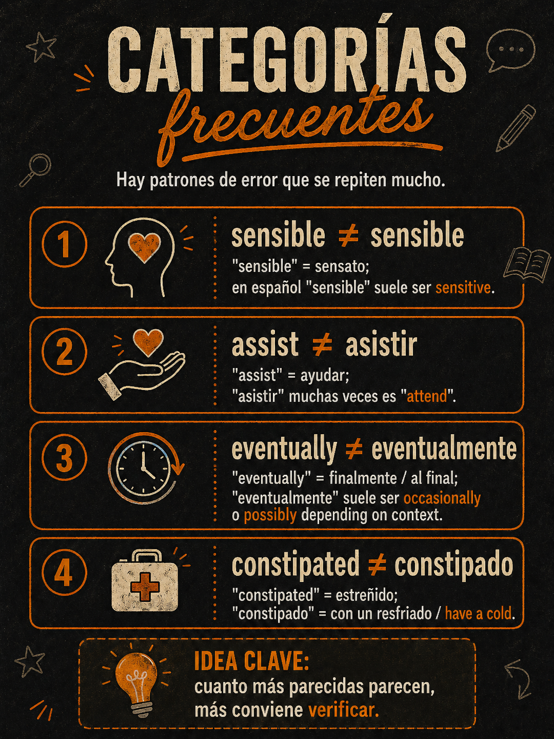 Infografía sobre categorías frecuentes de falsos amigos.