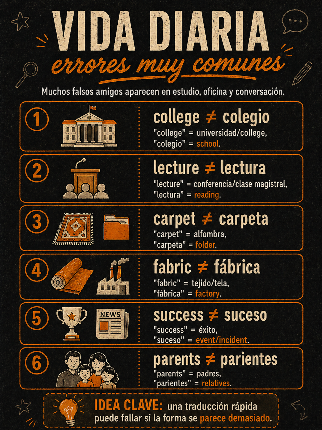 Infografía sobre falsos amigos de uso cotidiano.