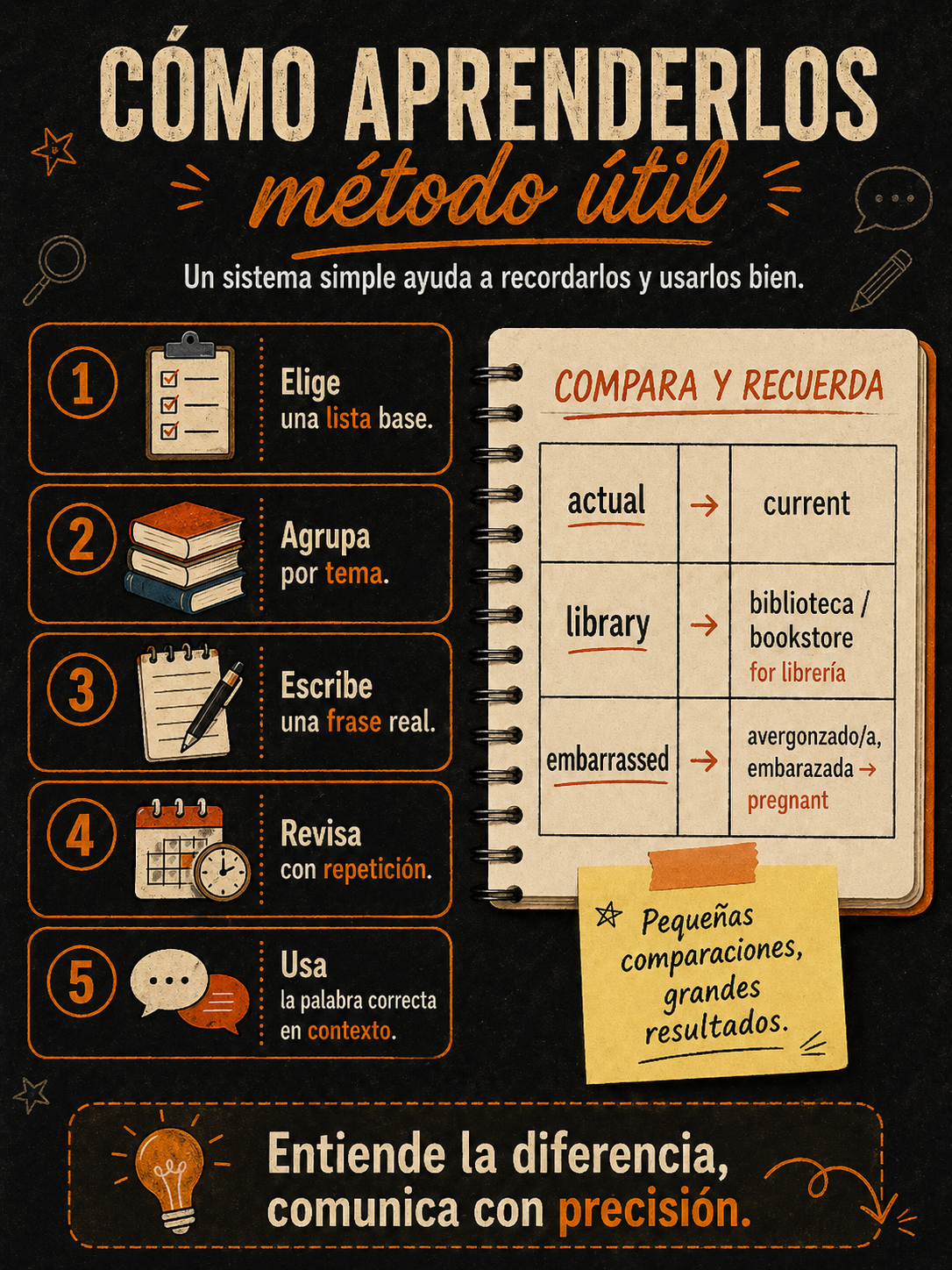 Infografía con método para aprender falsos amigos entre español e inglés.