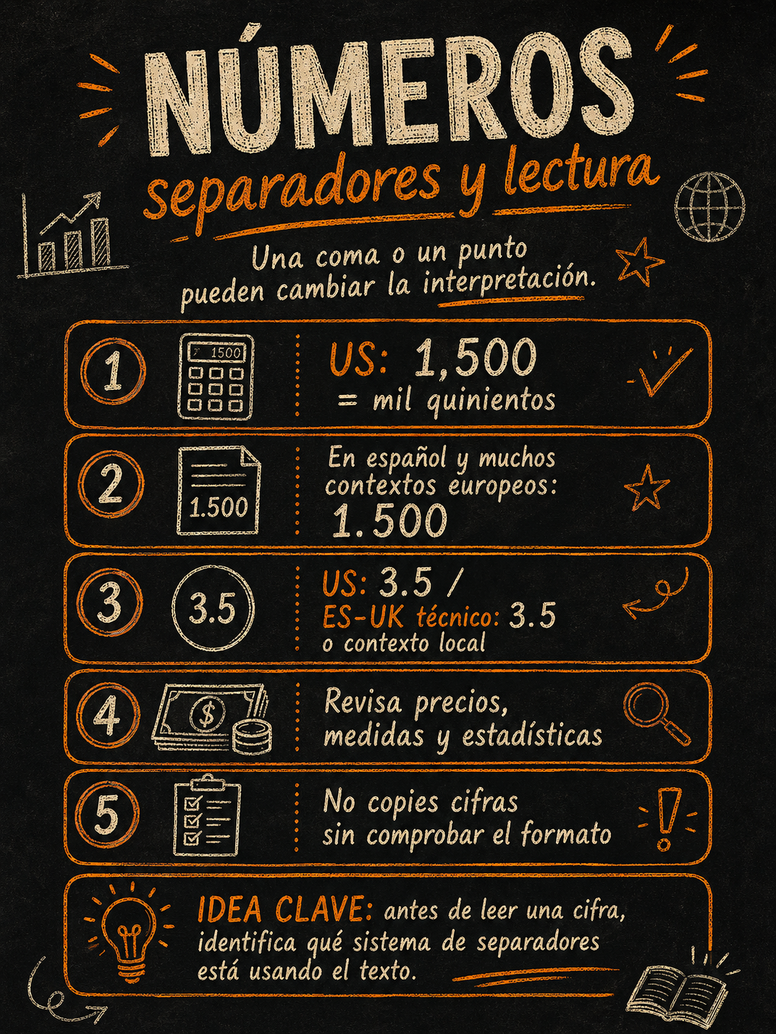 Infografía sobre cifras y separadores numéricos.