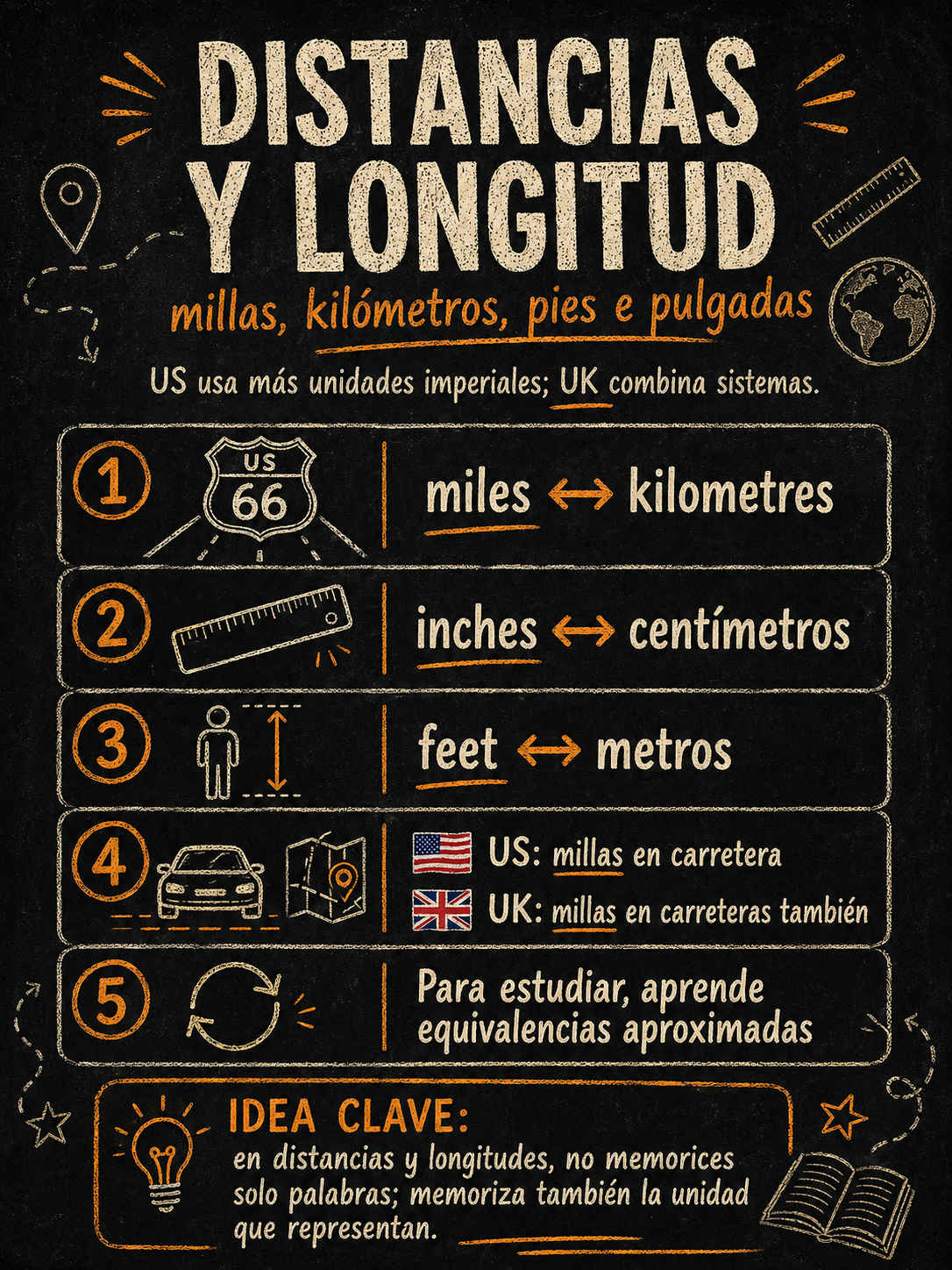 Infografía sobre distancias y unidades de longitud US y UK.