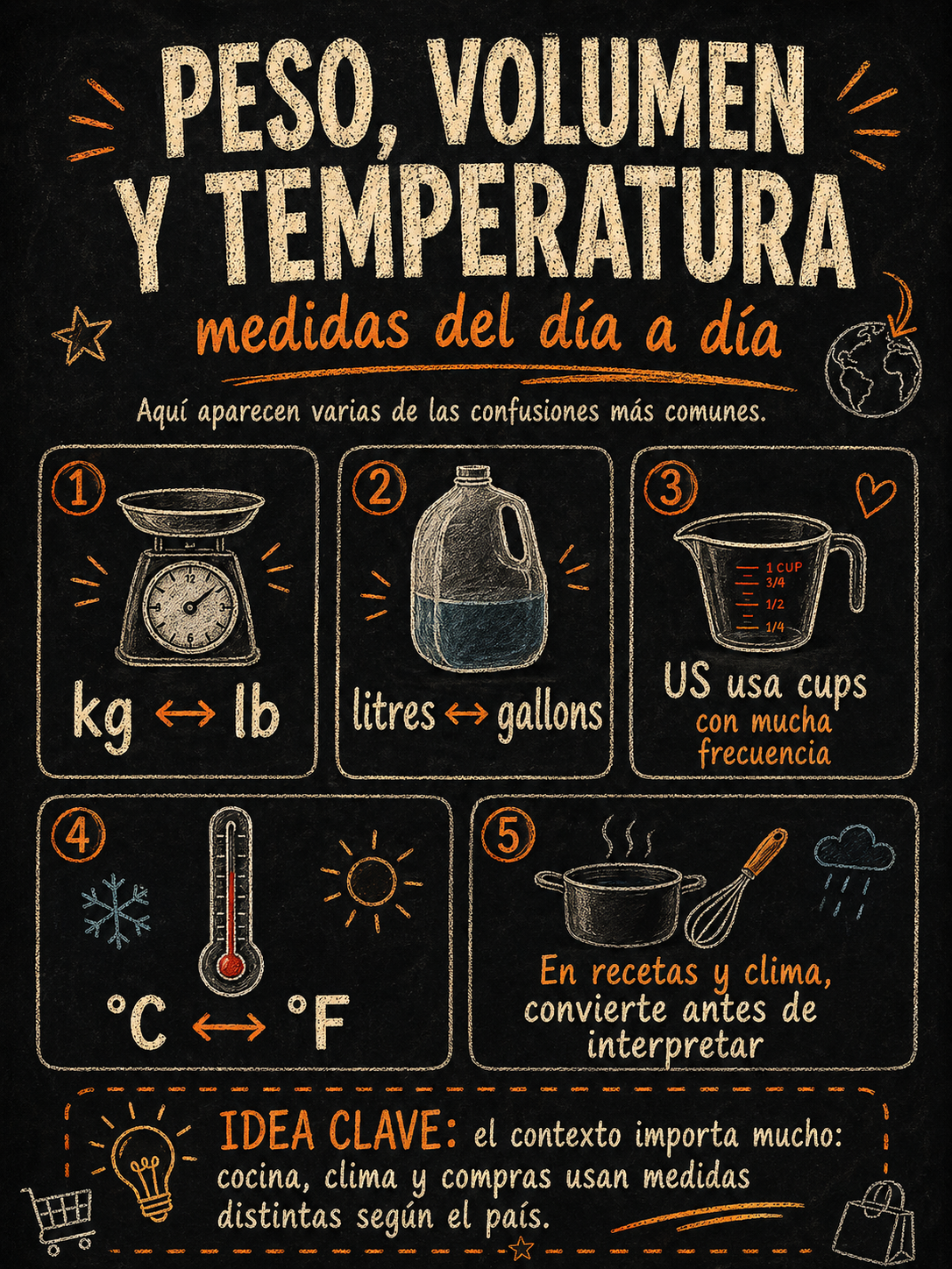 Infografía sobre peso, volumen y temperatura.