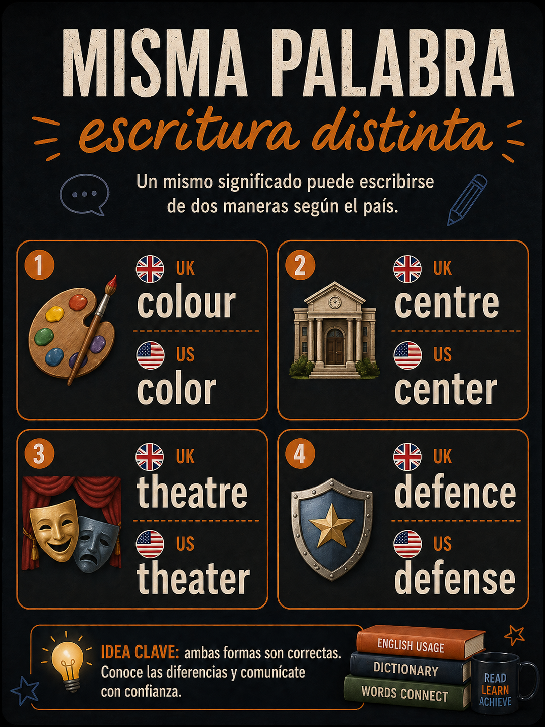 Infografía sobre palabras con la misma idea pero distinta ortografía en inglés británico y americano.