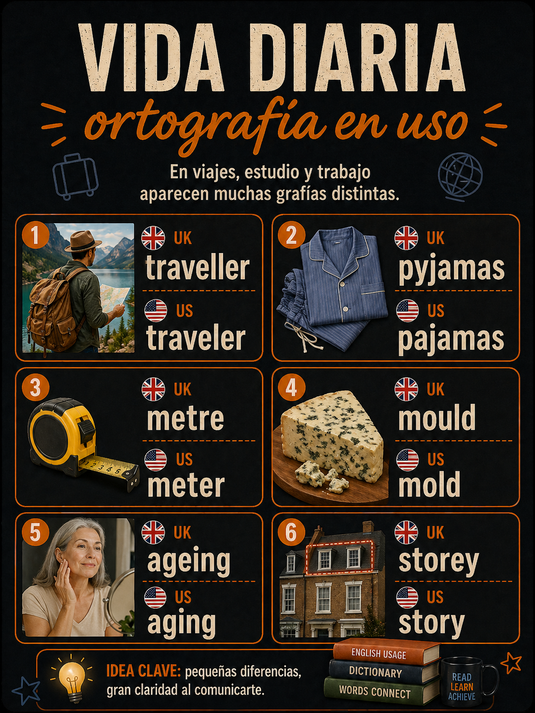 Infografía sobre ortografía británica y americana en palabras de vida diaria.
