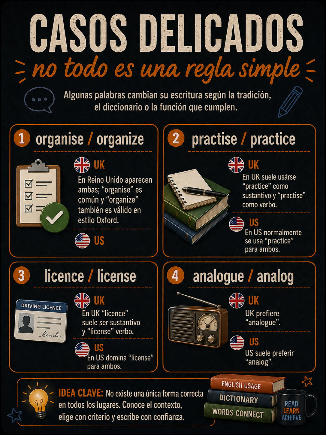 Infografía sobre casos delicados de ortografía entre inglés británico y americano.