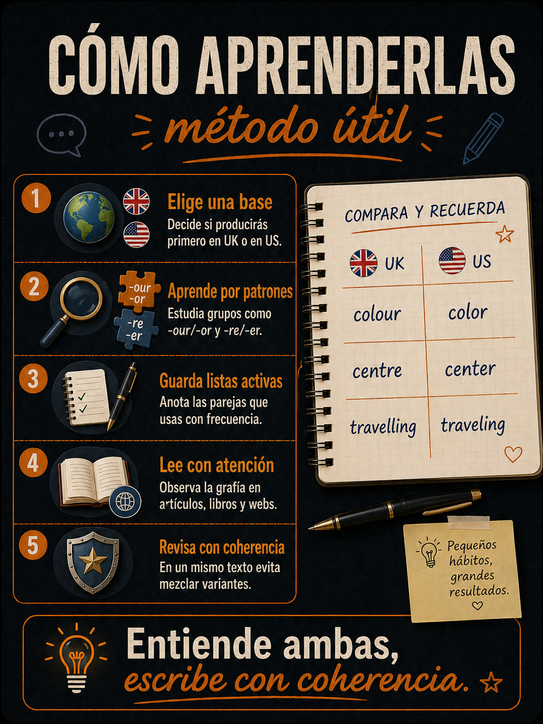 Infografía con método para estudiar la ortografía británica y americana.
