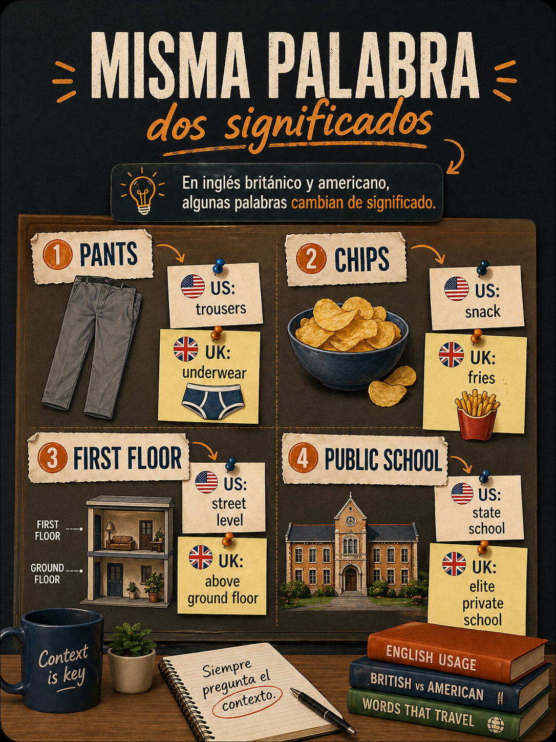 Infografía que compara palabras con significados distintos en inglés estadounidense y británico.
