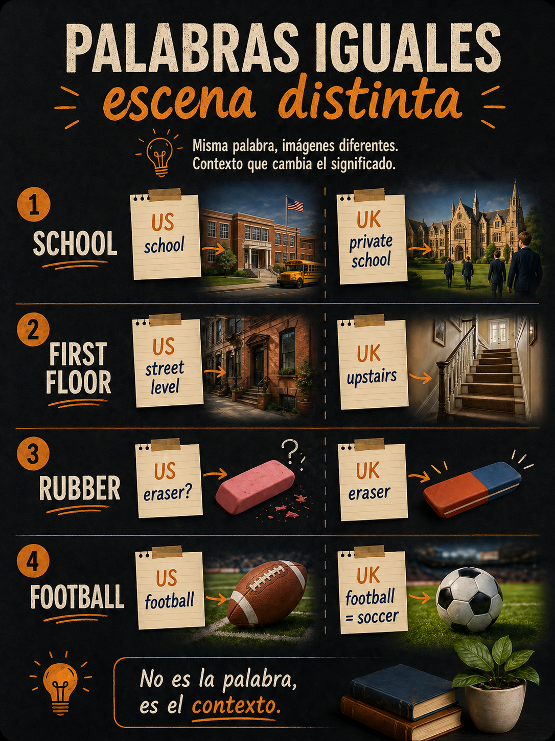 Infografía sobre palabras iguales con sentido distinto en inglés US y UK.