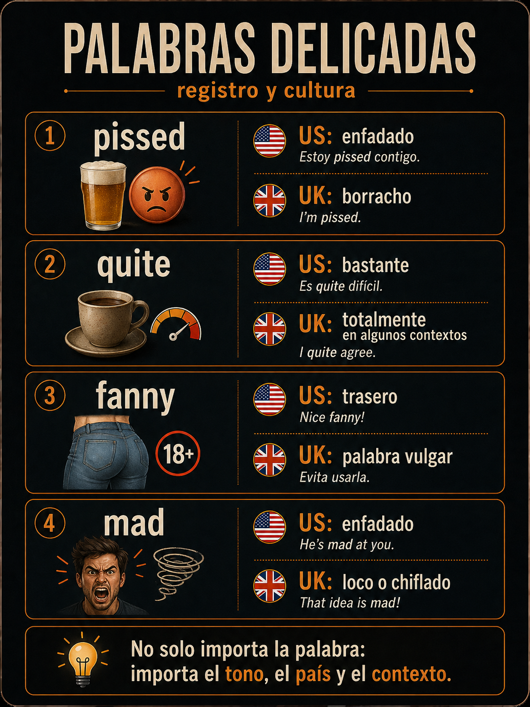 Infografía sobre palabras delicadas que cambian de registro en inglés US y UK.
