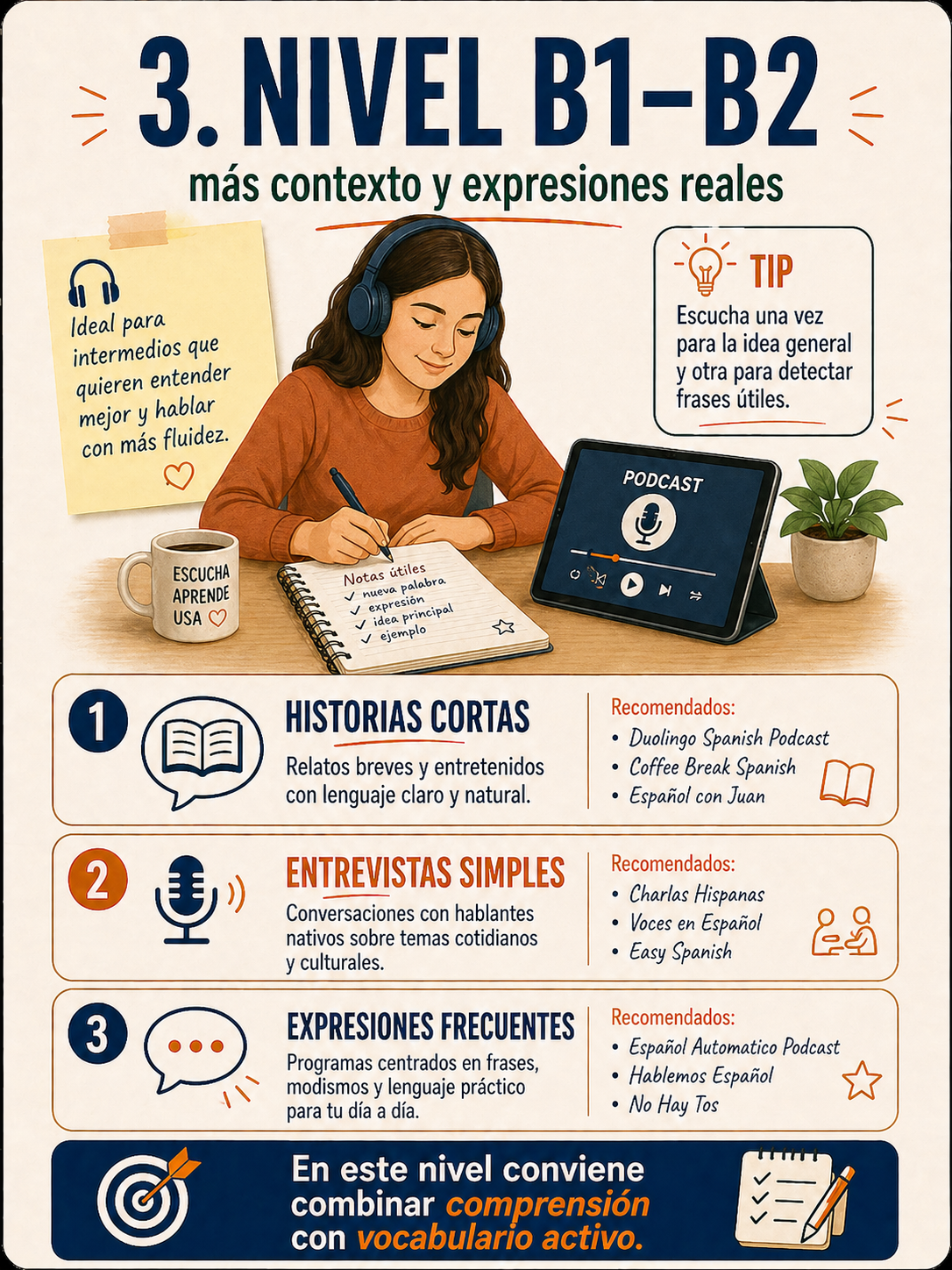 Infografía sobre podcasts recomendados para nivel B1-B2.