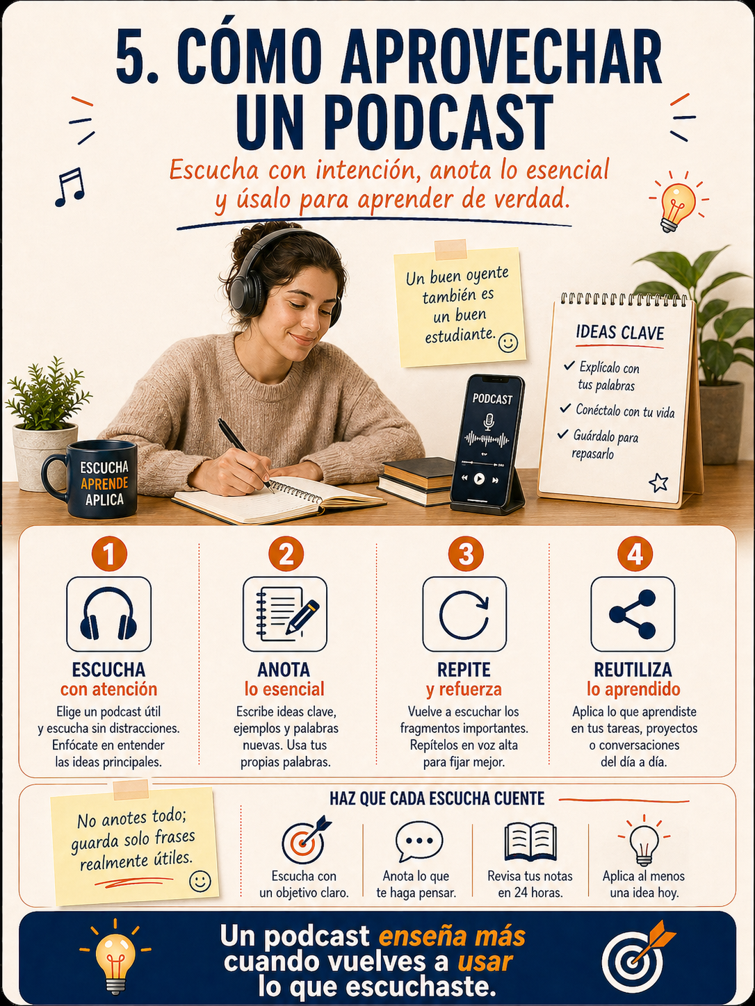 Infografía sobre cómo aprovechar mejor un podcast.