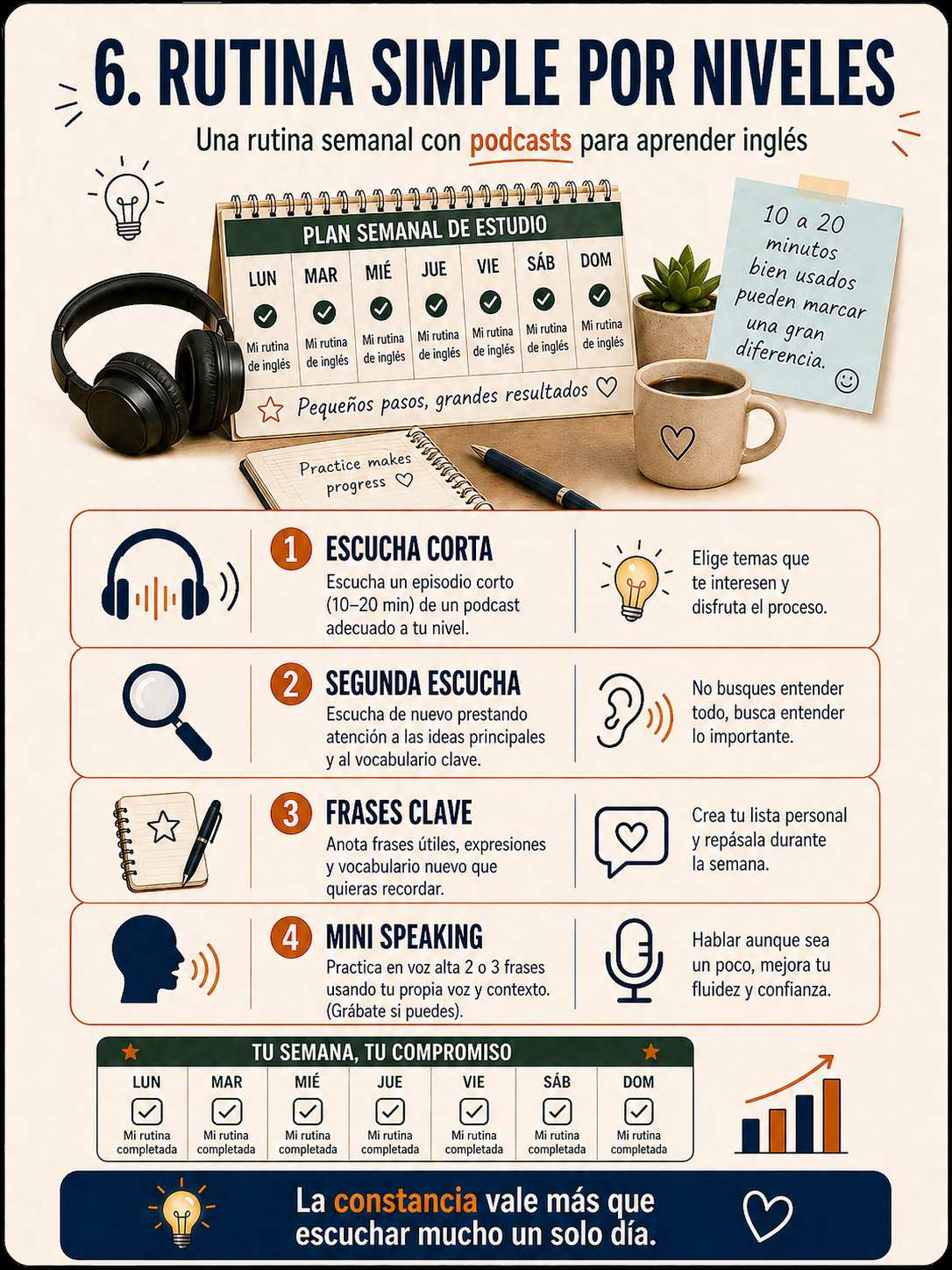 Infografía sobre una rutina simple con podcasts por niveles.