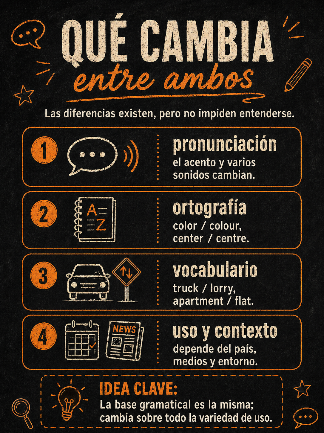 Infografía sobre qué cambia entre el inglés americano y el británico.