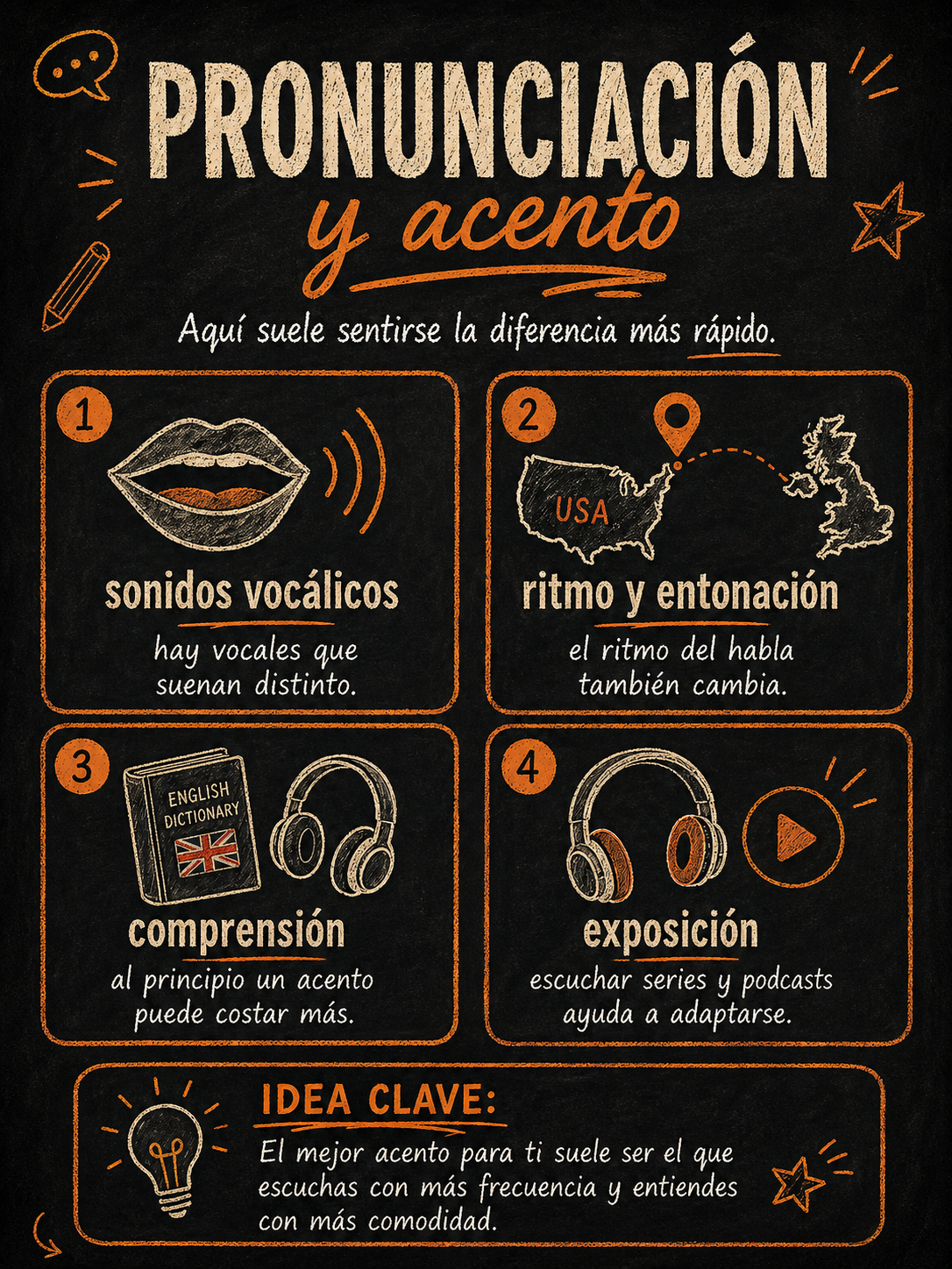 Infografía sobre pronunciación y acento en inglés americano y británico.