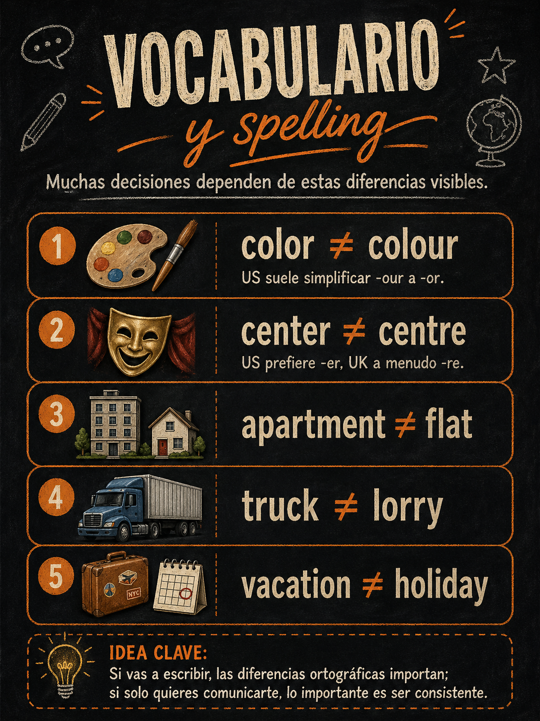 Infografía sobre vocabulario y spelling en inglés americano y británico.