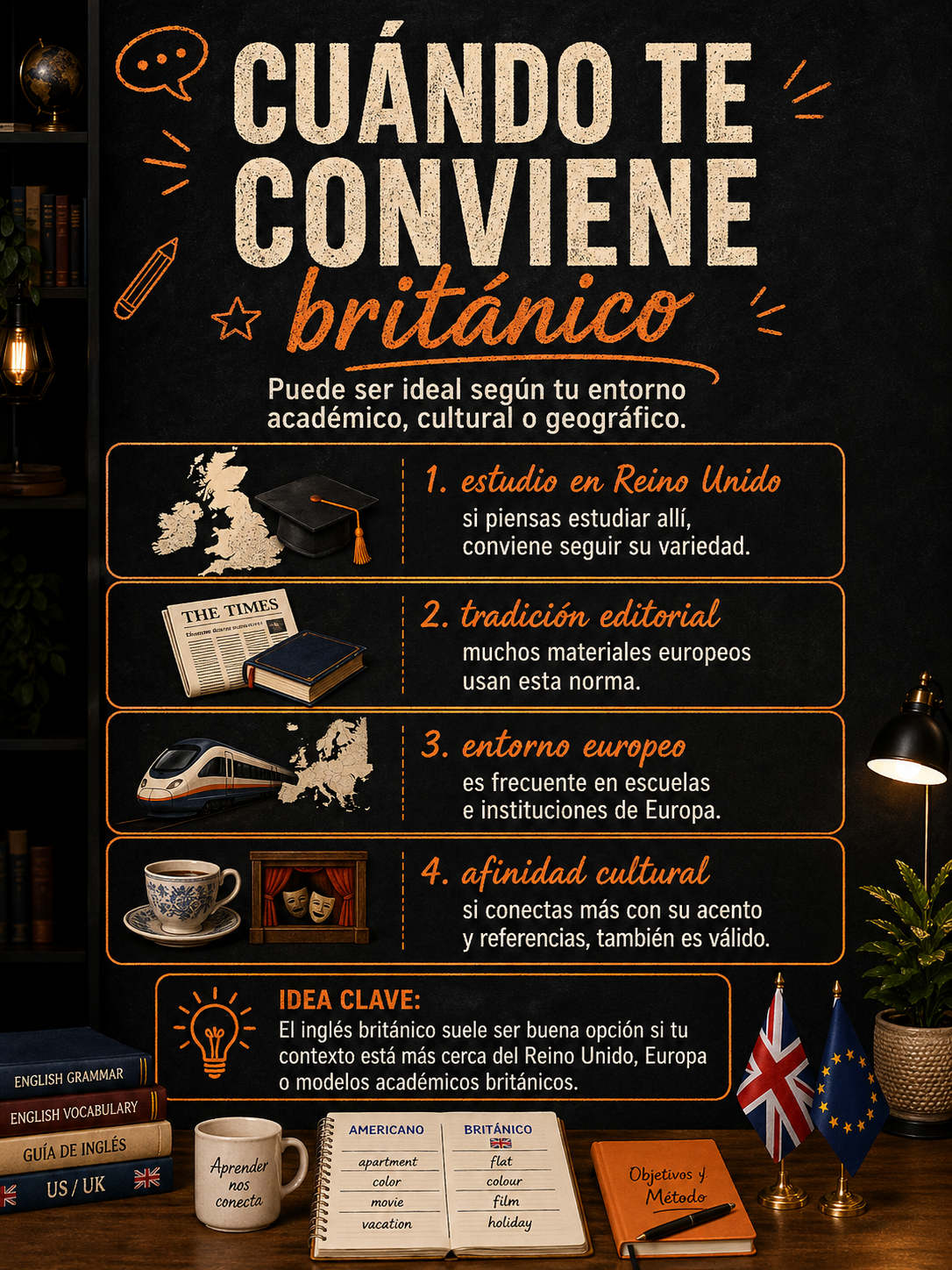 Infografía sobre cuándo conviene aprender inglés británico.