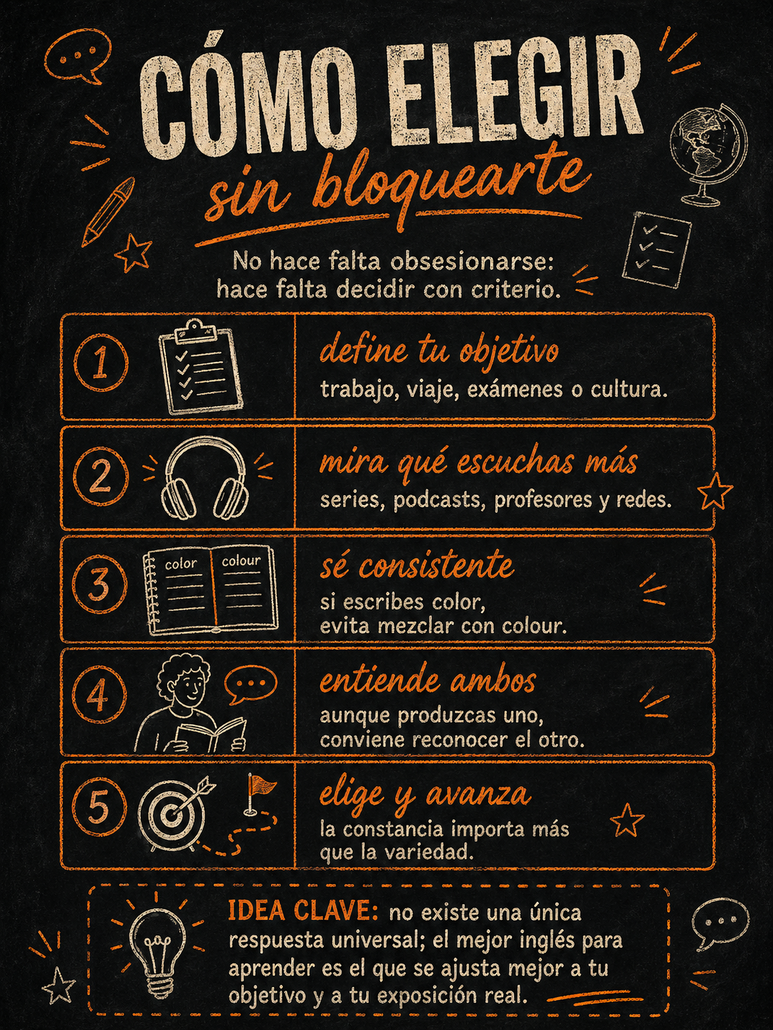 Infografía sobre cómo elegir entre inglés americano y británico.